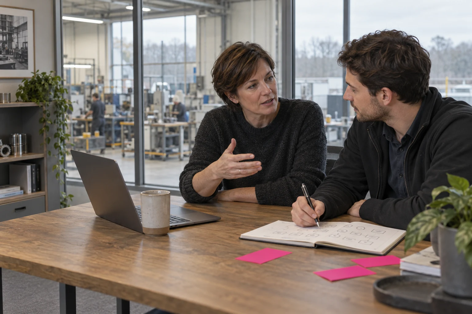 Illustrative photograph of colleagues discussing a process in a manufacturing office