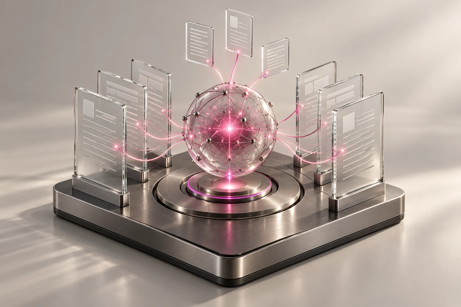 Glass documents connected to one illuminated knowledge core