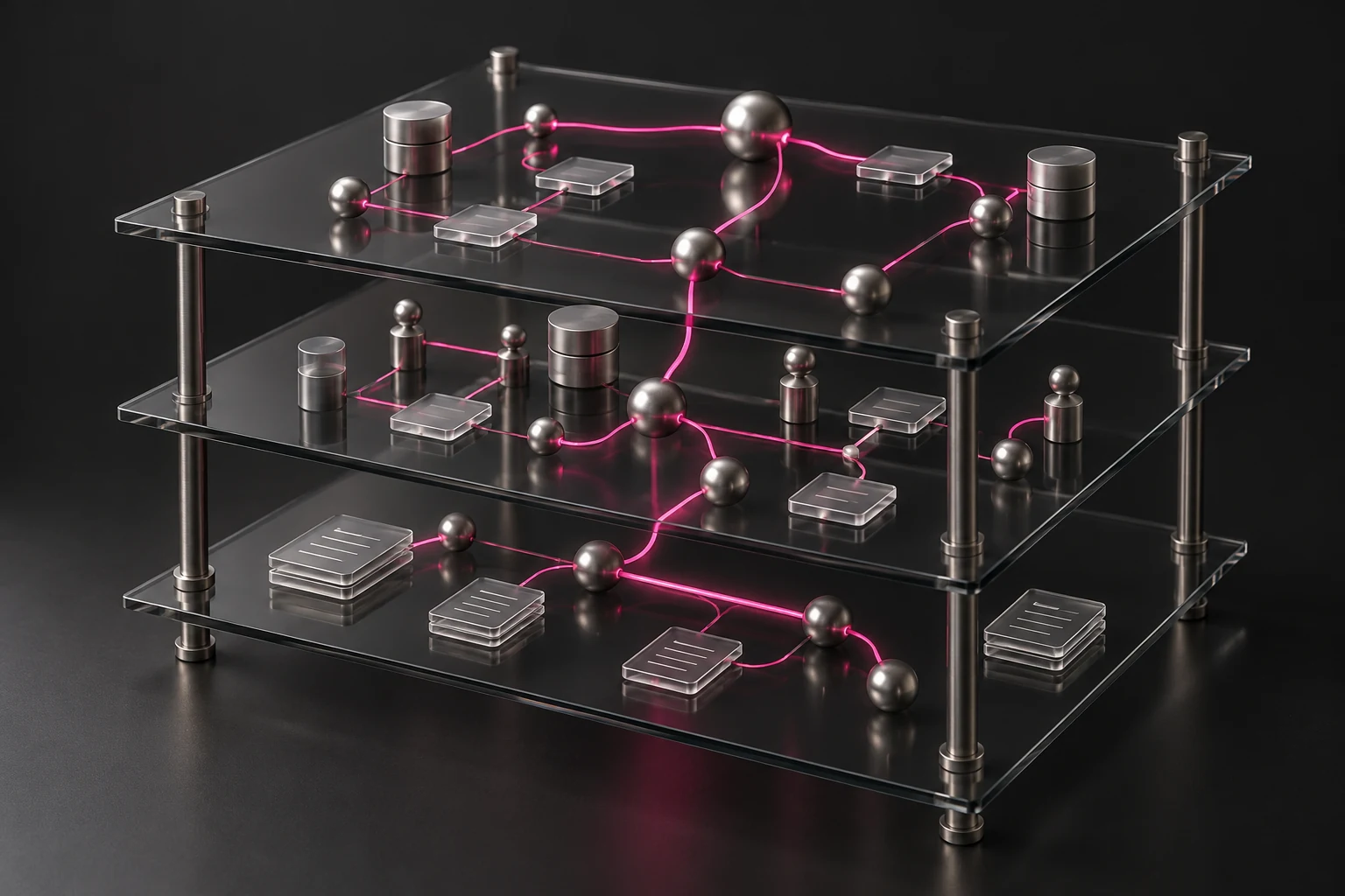 A layered glass model linking process steps, documents and systems with magenta paths